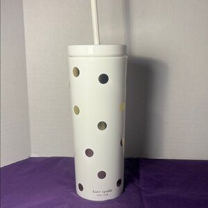 Kate Spade White Tumbler with Gold and Black Dots